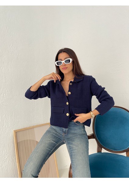 HRK0006 Kadın Tüvit Gold Düğmeli Cep Detaylı Crop Triko Hırka fiyatları