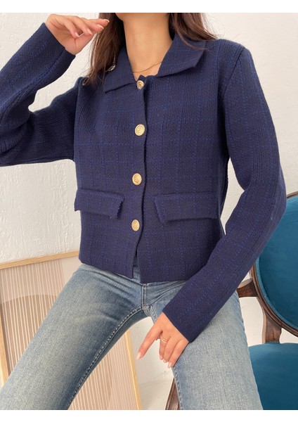 HRK0006 Kadın Tüvit Gold Düğmeli Cep Detaylı Crop Triko Hırka modelleri