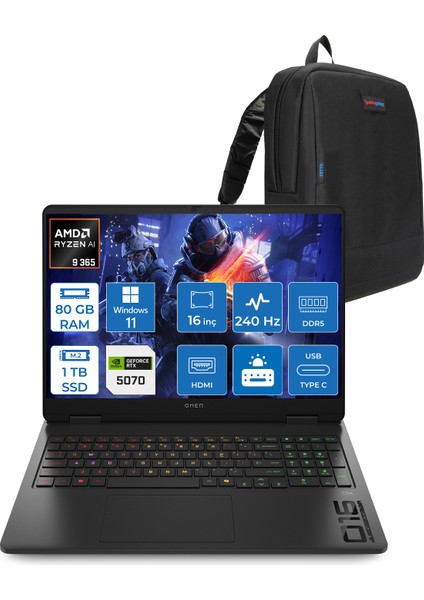 Omen 16-AP0012NT Amd Ryzen Aı 9 365 80GB Ddr5 1tb SSD RTX5070 8gb Gddr7 16 Inç Wqxga (2560 x 1600) 240Hz 500NITS 3ms IPS Windows 11 Pro Taşınabilir Bilgisayar C12CGEAP38 + Zetta Çanta