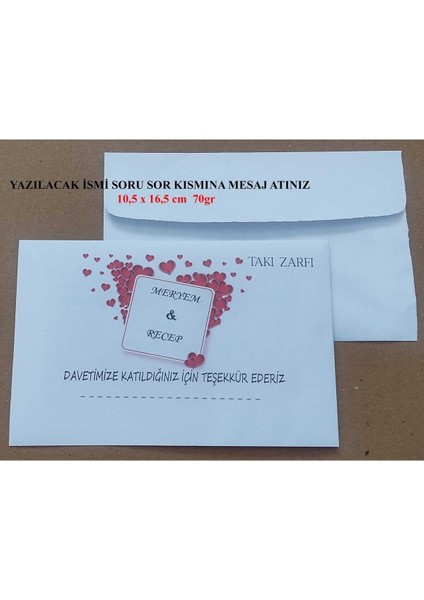 Isminize Özel 60 Adet Düğün Nişan Kına Para Takı Zarfı 10,5 x 16,5 cm Ttghedf
