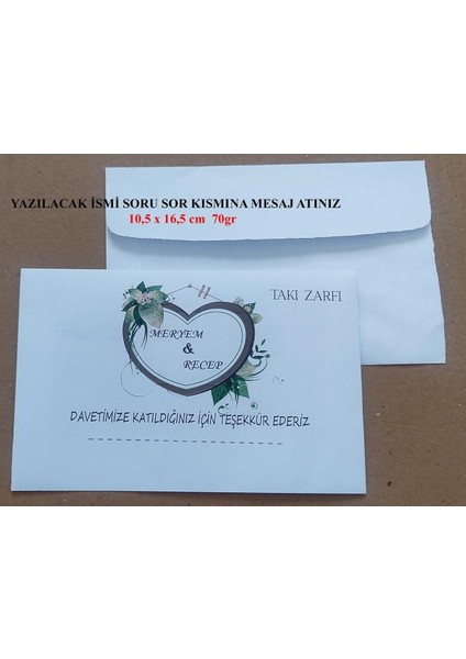 Isminize Özel 60 Adet Düğün Nişan Kına Para Takı Zarfı 10,5 x 16,5 cm TSRM1FR