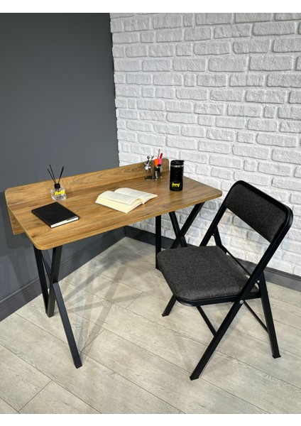 Buse Çalışma Masası Ofis Bilgisayar Masası + Katlanır Sandalyeli 103 cm Metal Siyah Ayak