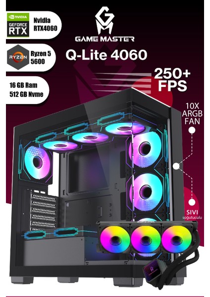 Qlite 4060 R5 5600 Cpu 16GB Ddr4 Ram 512GB M.2 SSD RTX4060 10X Argb Sıvı Soğutuculu Siyah Gaming Pc