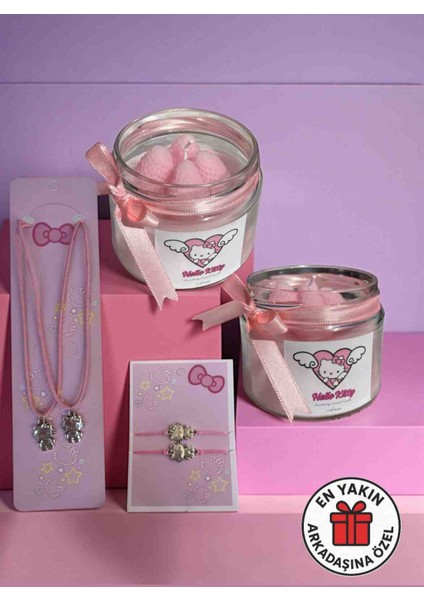 Hello Kitty Arkadaşlık Hediye Seti - 2 Adet Hello Kitty Mum + 2 Adet Hello Kitty Bileklik ve Kolye