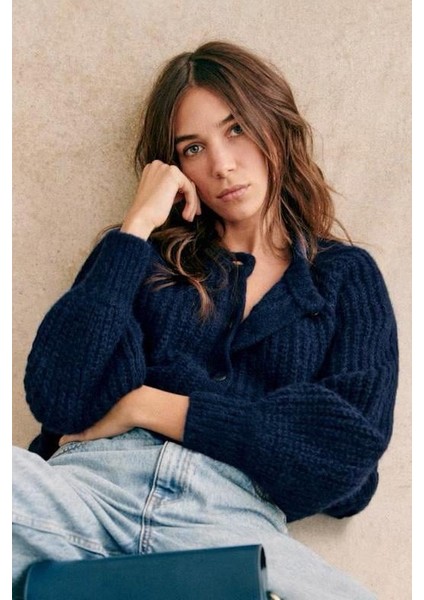 Lacivert Bisiklet Yaka Selanik Örgü Düğmeli Kadın Hırka MG2487