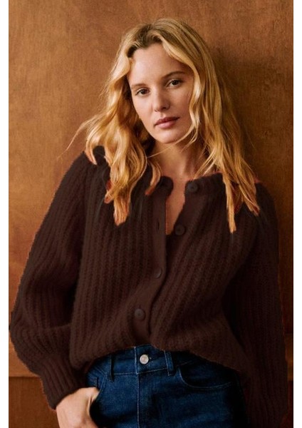 Acı Kahverengi Bisiklet Yaka Selanik Örgü Düğmeli Kadın Hırka MG2487