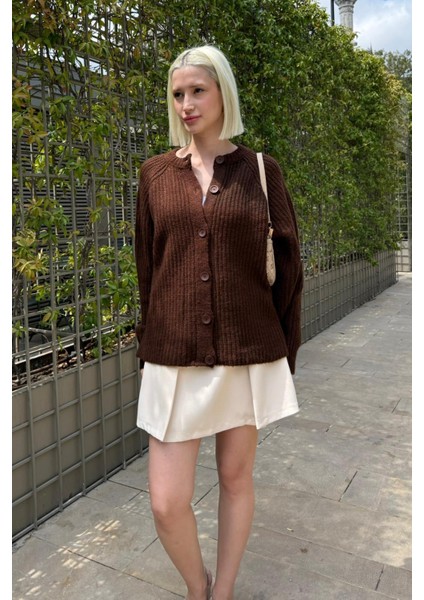 Acı Kahverengi Bisiklet Yaka Selanik Örgü Düğmeli Kadın Hırka MG2487 modelleri