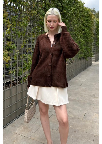 Acı Kahverengi Bisiklet Yaka Selanik Örgü Düğmeli Kadın Hırka MG2487 fırsatları