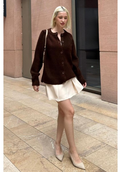 Acı Kahverengi Bisiklet Yaka Selanik Örgü Düğmeli Kadın Hırka MG2487 indirimleri