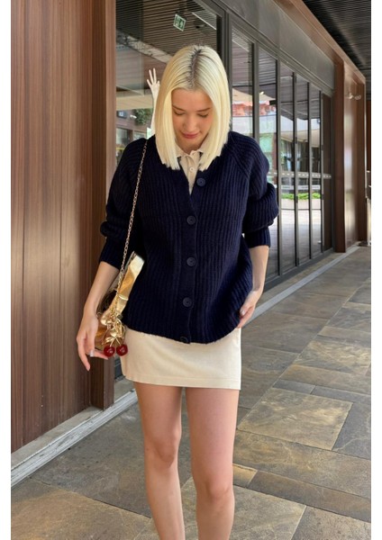 Lacivert Bisiklet Yaka Selanik Örgü Düğmeli Kadın Hırka MG2487 fırsatları