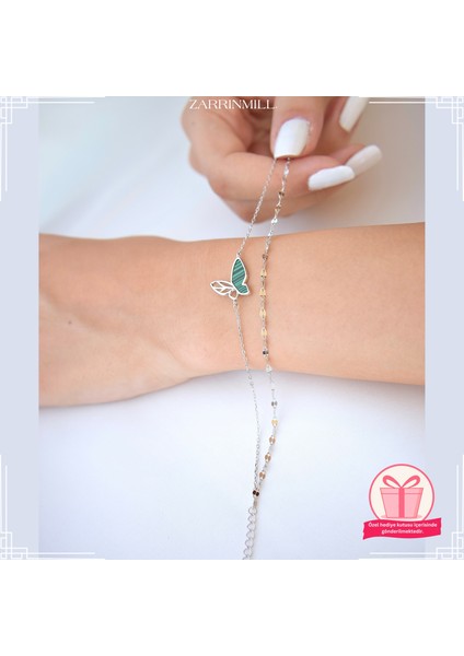 Kadın 925 Ayar Gümüş Malakit Taşlı Kelebek Bileklik