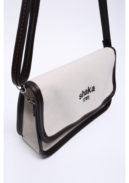 Krem - Kahverengi SHK143 Kanvas Kumaş, Tek Bölmeli, Çıtçıtlı, Suni Deri Askılı, Kol ve Omuz Çantası