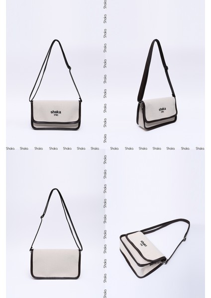 Krem - Kahverengi SHK143 Kanvas Kumaş, Tek Bölmeli, Çıtçıtlı, Suni Deri Askılı, Kol ve Omuz Çantası