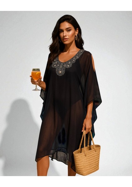 Meralda Ihtal Yaka Işlemeli Standart Beden Şifon Kimono