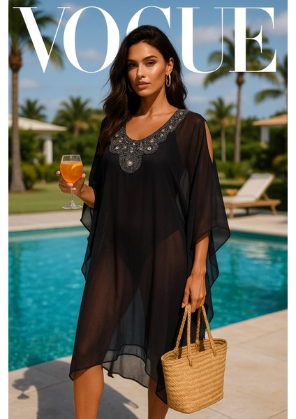 Meralda Ihtal Yaka Işlemeli Standart Beden Şifon Kimono modelleri