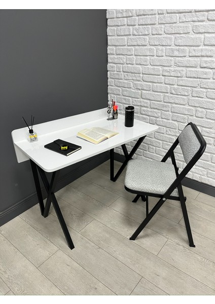 Buse Çalışma Masası Ofis Bilgisayar Masası + Katlanır Sandalyeli 103 cm Metal Siyah Ayak
