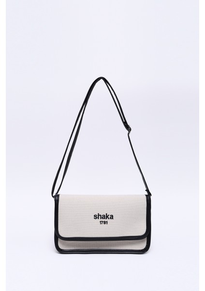 Krem-Siyah SHK143 Kanvas Kumaş, Tek Bölmeli, Çıtçıtlı, Suni Deri Askılı, Kol ve Omuz Çantası