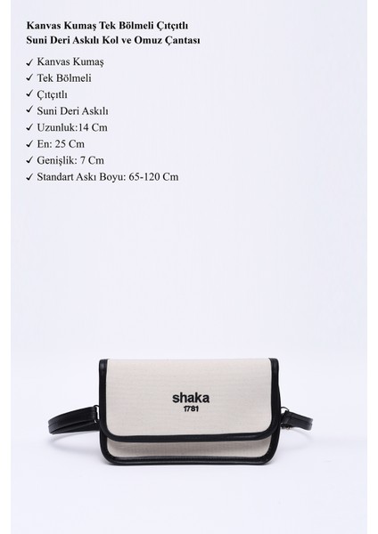 Krem-Siyah SHK143 Kanvas Kumaş, Tek Bölmeli, Çıtçıtlı, Suni Deri Askılı, Kol ve Omuz Çantası modelleri