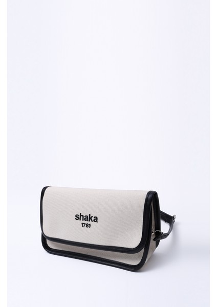 Krem-Siyah SHK143 Kanvas Kumaş, Tek Bölmeli, Çıtçıtlı, Suni Deri Askılı, Kol ve Omuz Çantası