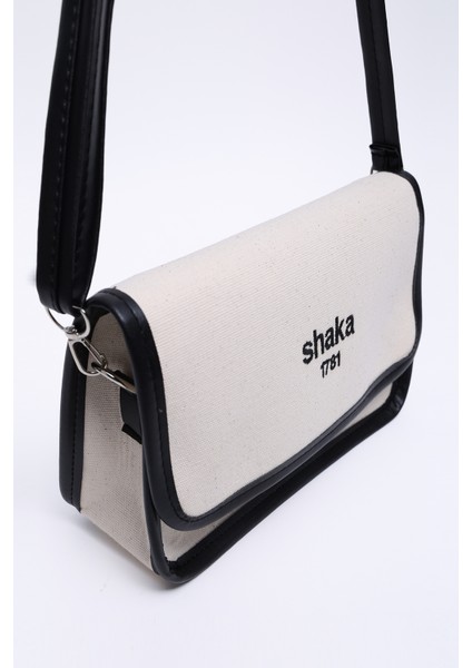 Krem-Siyah SHK143 Kanvas Kumaş, Tek Bölmeli, Çıtçıtlı, Suni Deri Askılı, Kol ve Omuz Çantası