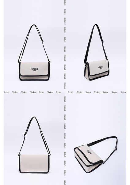 Krem-Siyah SHK143 Kanvas Kumaş, Tek Bölmeli, Çıtçıtlı, Suni Deri Askılı, Kol ve Omuz Çantası