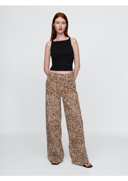 Kadın Kahverengi Mid Rise Ultrasoft Leopar Baggy Jean Pantolon