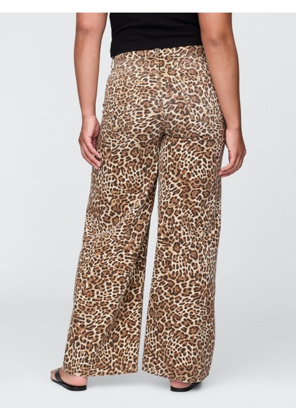 Kadın Kahverengi Mid Rise Ultrasoft Leopar Baggy Jean Pantolon fırsatları