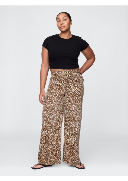 Kadın Kahverengi Mid Rise Ultrasoft Leopar Baggy Jean Pantolon indirimleri