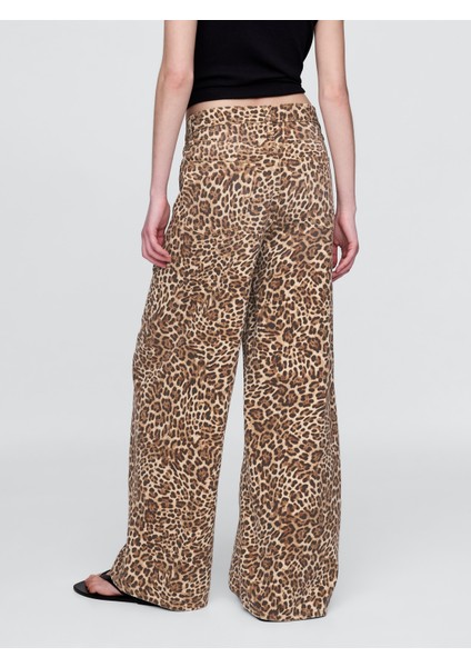 Kadın Kahverengi Mid Rise Ultrasoft Leopar Baggy Jean Pantolon