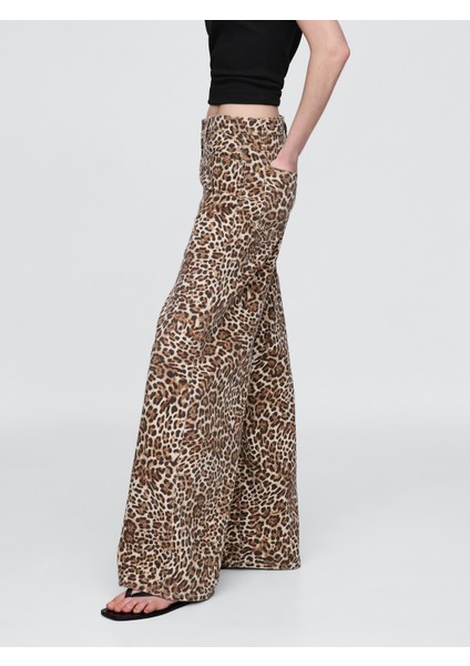 Kadın Kahverengi Mid Rise Ultrasoft Leopar Baggy Jean Pantolon