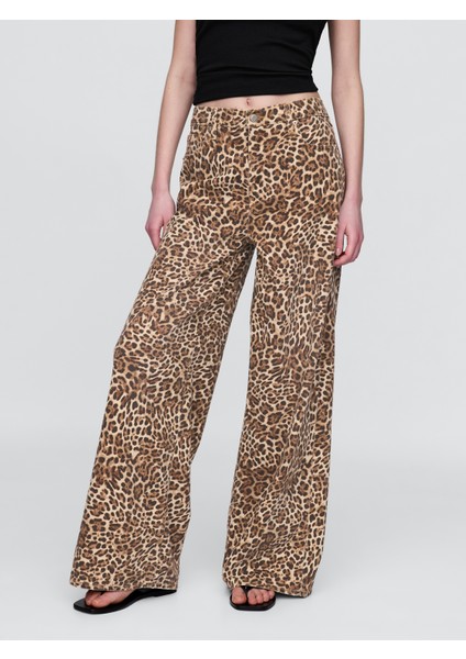 Kadın Kahverengi Mid Rise Ultrasoft Leopar Baggy Jean Pantolon