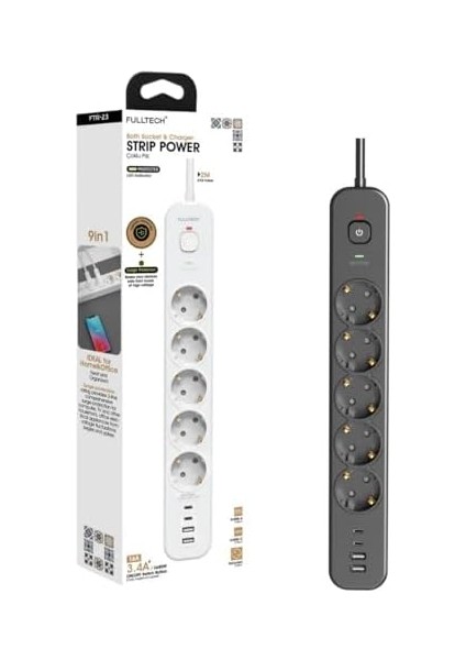 Korumalı Priz, 5'li Priz Soketi, 5x Fiş Soketi, 2x USB Girişi, 2x Type-C Girişi, Isıya Dayanıklı Yapı, 2 Metre Kablo Uzunluğu, Aşırı Gerilim Koruyucu Çoğaltıcı (16A/3680W) modelleri