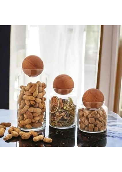 3 Lü Ahşap Kapaklı Cam Saklama Kavanoz Seti - Modern Küre Kapak Tasarımıyla Kuruyemiş, Kahve, Şeker ve Baharat Depolama modelleri