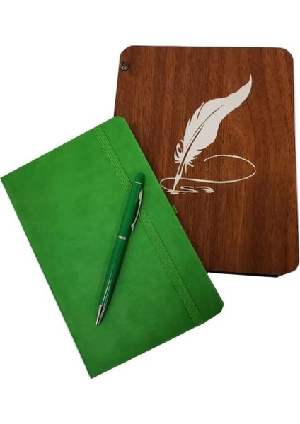 Dekoratif Yeşil Deri Kaplama Defter Ahşap Kutulu Hediyelik Vip Set