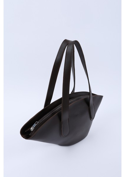 Kahve Rengi SHK124 Suni Deri, Astarlı, Fermuarlı,tek Bölmeli El, Kol ve Omuz Çantası