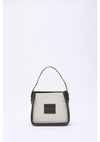 Haki Yeşil SHK176 Suni Deri Detaylı, Tek Bölmeli, Fermuarlı, Kanvas El, Kol ve Omuz Çantası