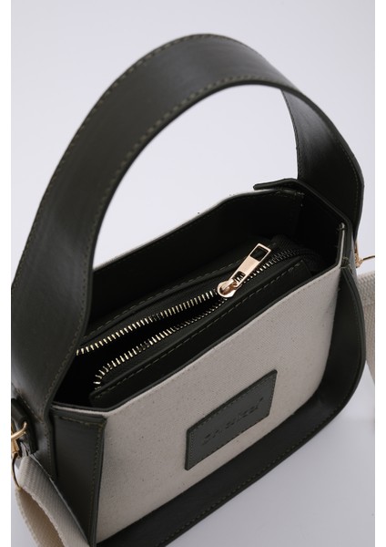 Haki Yeşil SHK176 Suni Deri Detaylı, Tek Bölmeli, Fermuarlı, Kanvas El, Kol ve Omuz Çantası