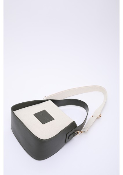 Haki Yeşil SHK176 Suni Deri Detaylı, Tek Bölmeli, Fermuarlı, Kanvas El, Kol ve Omuz Çantası