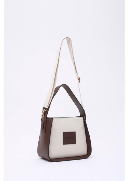 Kahve Rengi SHK176 Suni Deri Detaylı, Tek Bölmeli, Fermuarlı, Kanvas El, Kol ve Omuz Çantası fiyatları