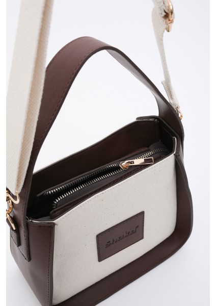 Kahve Rengi SHK176 Suni Deri Detaylı, Tek Bölmeli, Fermuarlı, Kanvas El, Kol ve Omuz Çantası