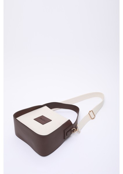 Kahve Rengi SHK176 Suni Deri Detaylı, Tek Bölmeli, Fermuarlı, Kanvas El, Kol ve Omuz Çantası