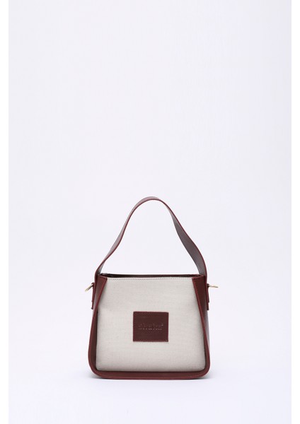 Bordo SHK176 Suni Deri Detaylı, Tek Bölmeli, Fermuarlı, Kanvas El, Kol ve Omuz Çantası