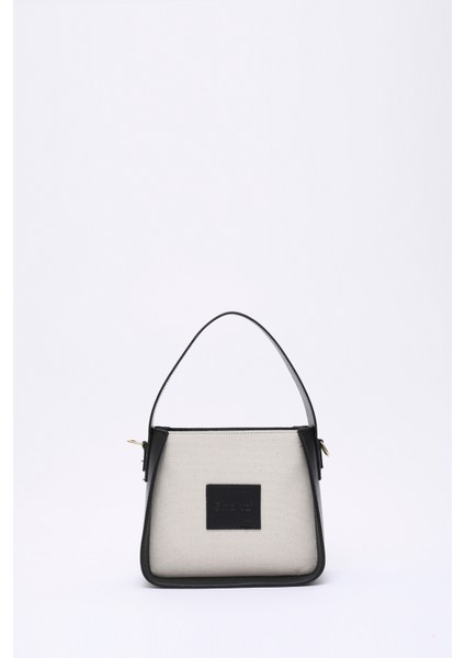 Siyah SHK176 Suni Deri Detaylı, Tek Bölmeli, Fermuarlı, Kanvas El, Kol ve Omuz Çantası