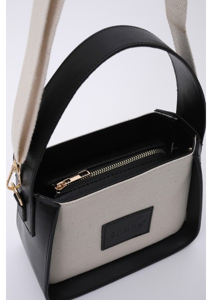 Siyah SHK176 Suni Deri Detaylı, Tek Bölmeli, Fermuarlı, Kanvas El, Kol ve Omuz Çantası