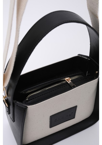 Siyah SHK176 Suni Deri Detaylı, Tek Bölmeli, Fermuarlı, Kanvas El, Kol ve Omuz Çantası