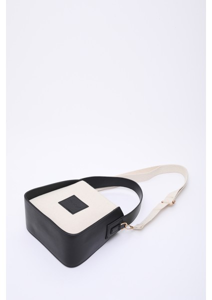 Siyah SHK176 Suni Deri Detaylı, Tek Bölmeli, Fermuarlı, Kanvas El, Kol ve Omuz Çantası