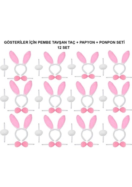 Pembe Tavşan Kostüm Seti – Taç, Papyon, Ponpon (12’li Paket) modelleri