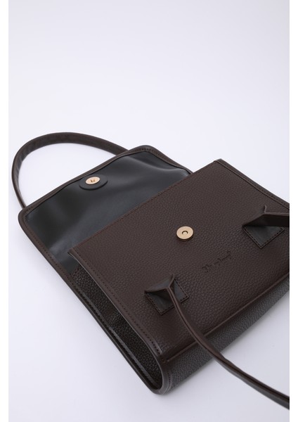 Kahve Rengi SHK178 Suni Deri, Tek Bölmeli, Çıtçıtlı, El, Kol ve Omuz Çantası