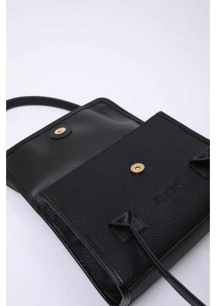 Siyah SHK178 Suni Deri, Tek Bölmeli, Çıtçıtlı, El, Kol ve Omuz Çantası