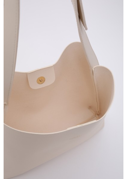 Krem SHK179 Suni Deri, Tek Bölmeli, Çıtçıtlı, Makyaj Çantalı El, Kol ve Omuz Çantası